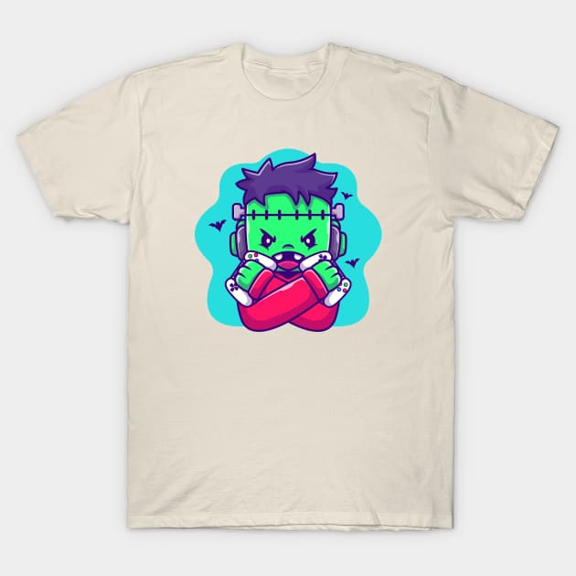 Cute Frankenstein Zombie Gaming Cartoon T-Shirt by Catalyst Labs
